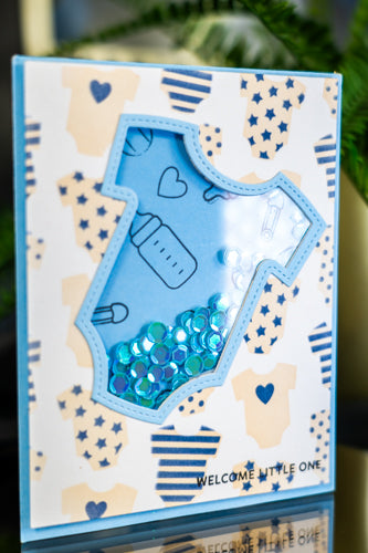 Welcome Little One carte shaker bleu