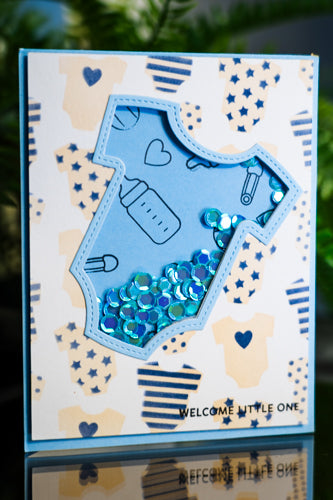 Welcome Little One carte shaker bleu