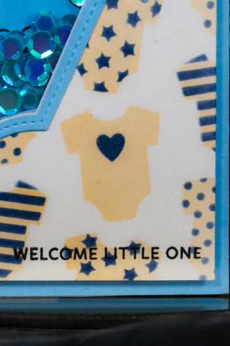 Welcome Little One carte shaker bleu